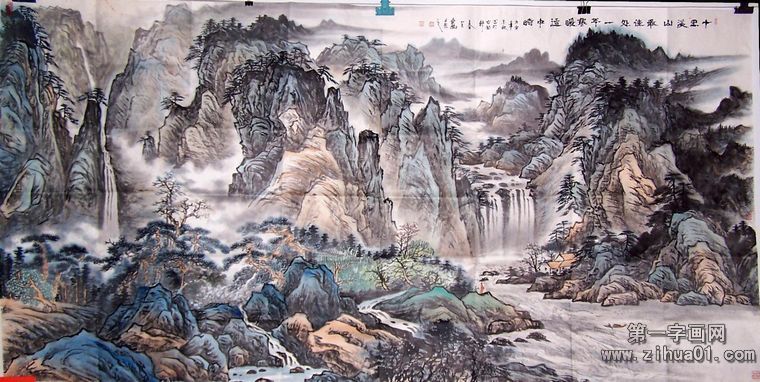 山水画 四尺斗方山水画，重彩山水，秋韵霞光- 精品字画,一手货源,木微